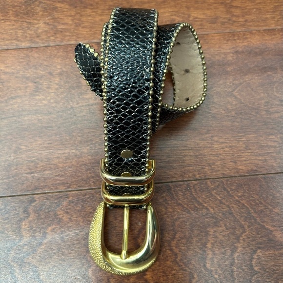 Simons Black Snakeskin Pattern, Gold Glitter Leather Belt, Gold Buckle Size XS/S - Picture 1 of 16